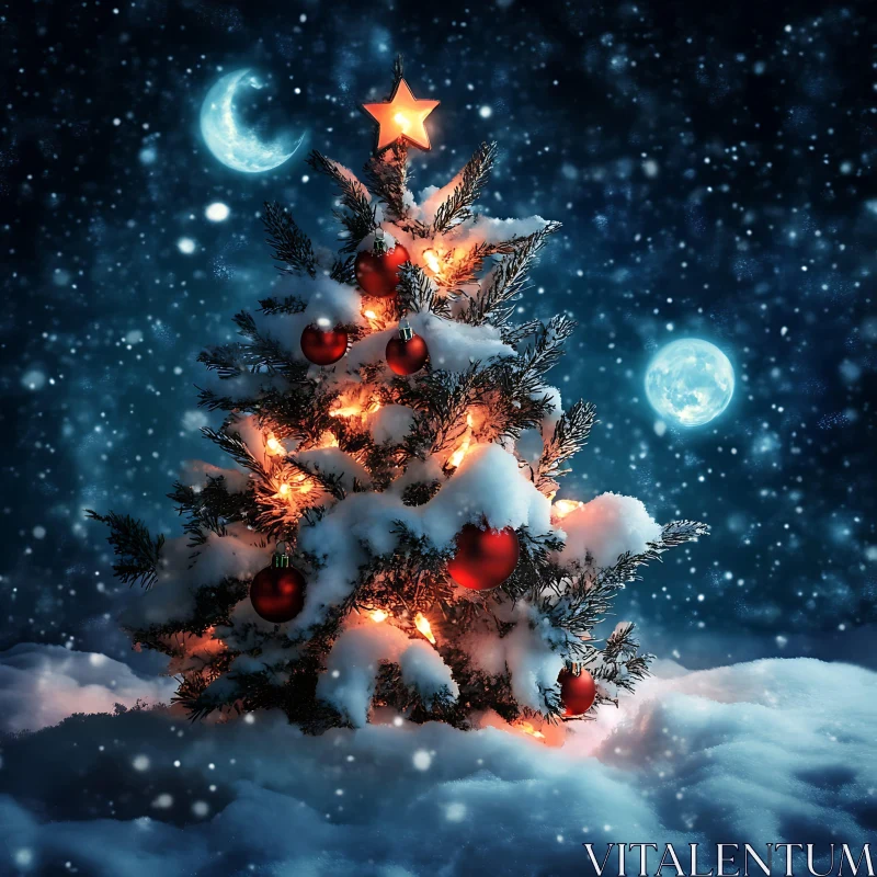 Magical Winter Christmas Tree Scene AI Image