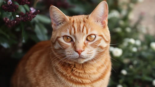 Orange Tabby Cat in Flower Garden