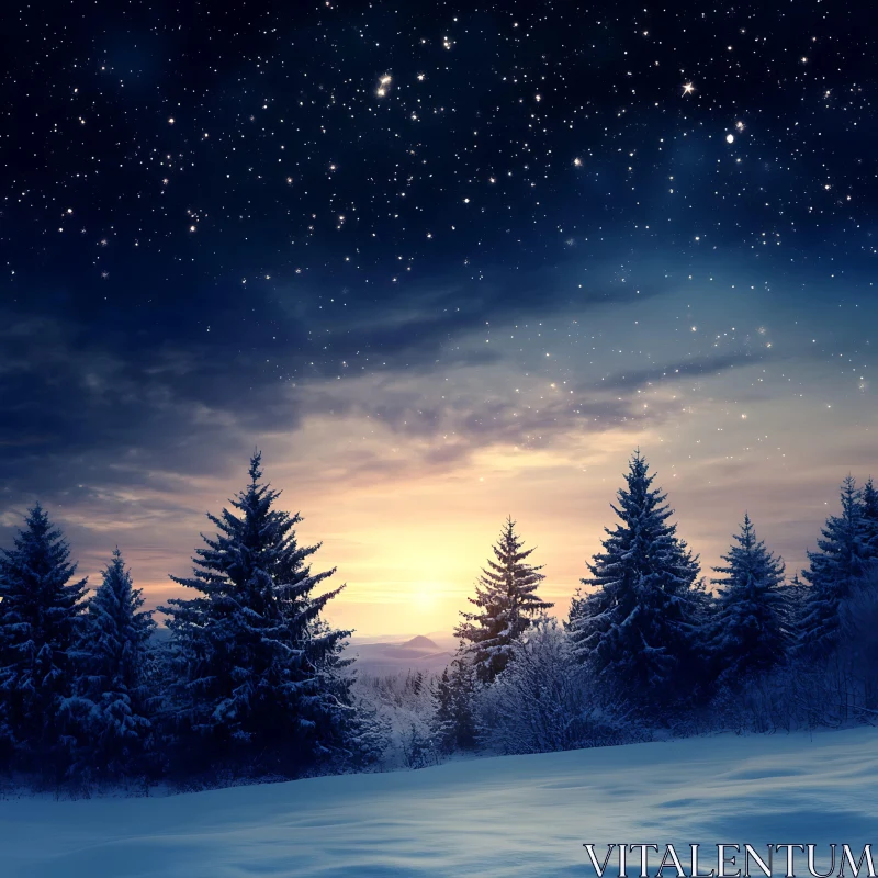 AI ART Twilight in a Winter Forest with Starry Sky