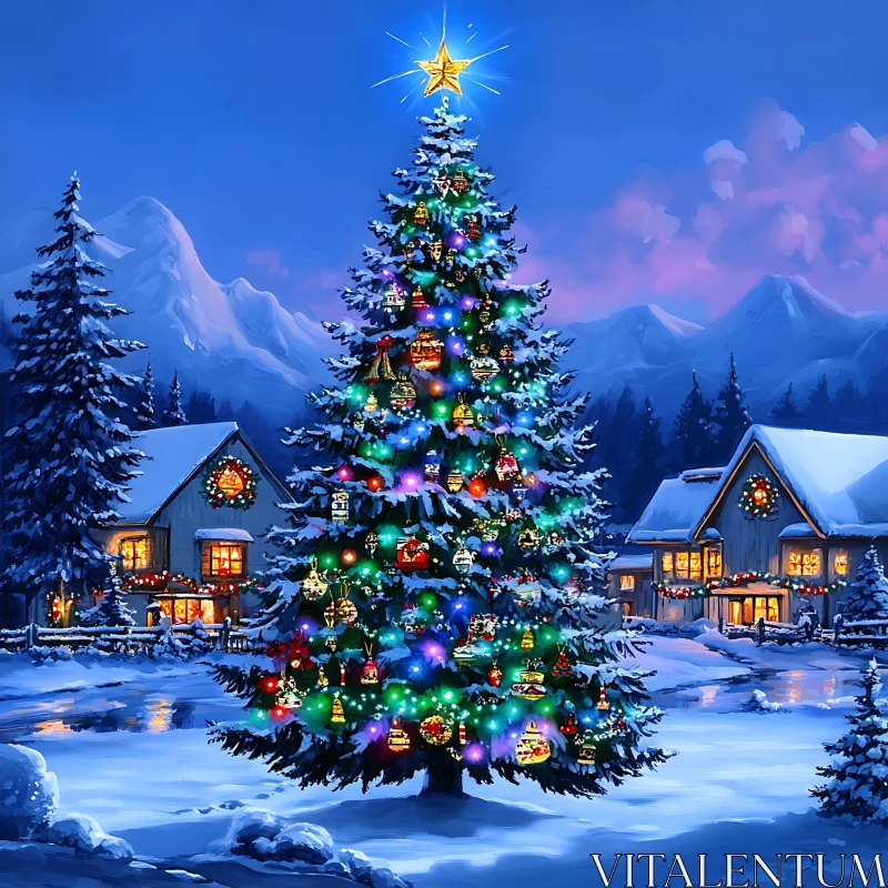 Festive Christmas Tree in Winter Wonderland AI Image