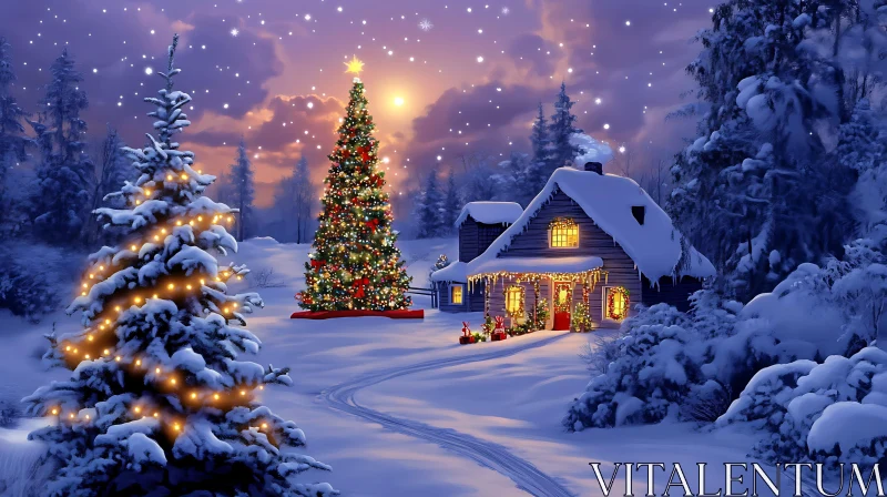 Winter Wonderland with Decorated Christmas Tree and Cottage AI Image