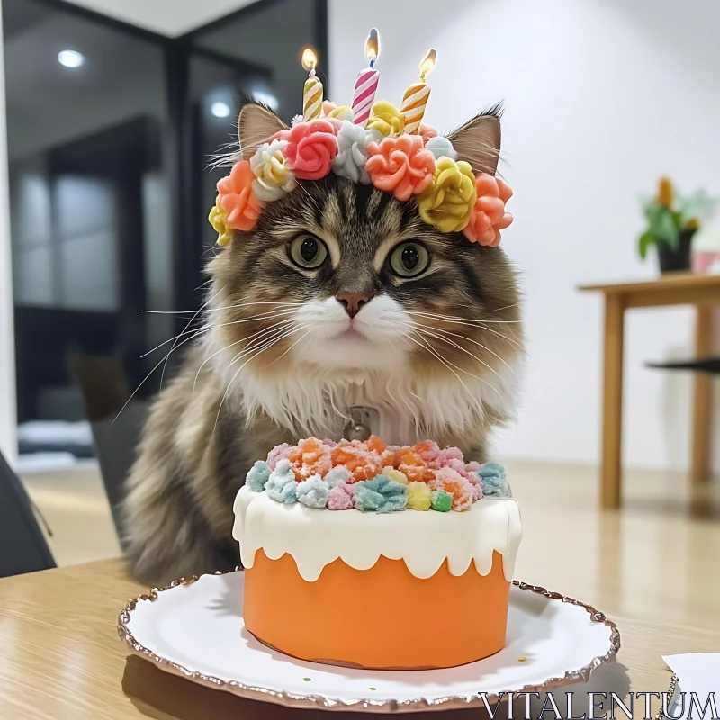 AI ART Feline Festivities: Cat with Cake and Candles