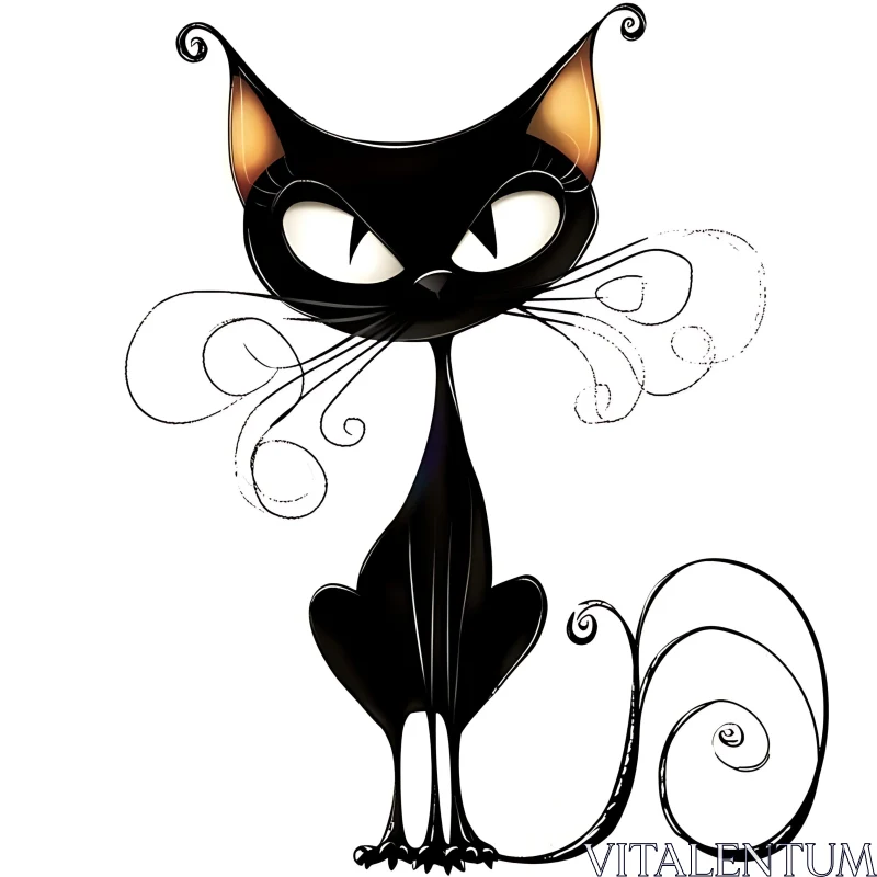 AI ART Expressive Black Cat with Curly Tail Drawing