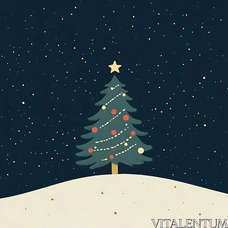 Festive Tree on Snowy Hill with Starry Sky AI Image