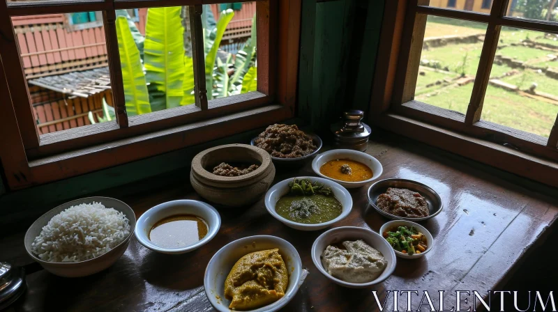 Delicious and Authentic Indian Vegetarian Meal on a Wooden Table AI Image