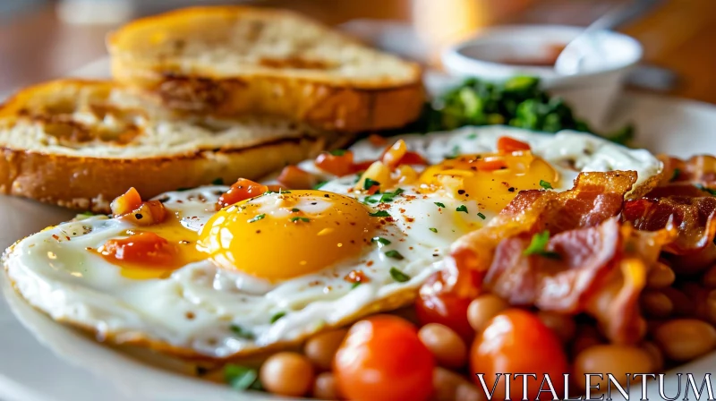 Delicious Breakfast: Fried Egg, Bacon, Beans, Tomatoes, and Toast AI Image
