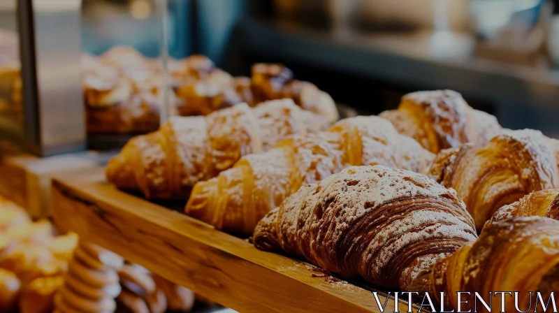Delicious Freshly Baked Croissants on a Wooden Shelf in a Bakery AI Image