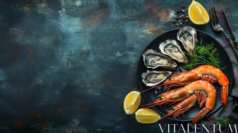 Delicious Seafood Flat Lay on Dark Blue Background AI Image