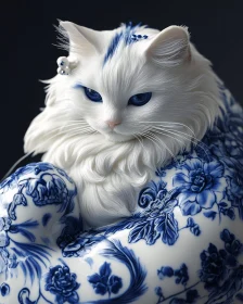 White Cat with Blue Eyes and Blue Porcelain Design