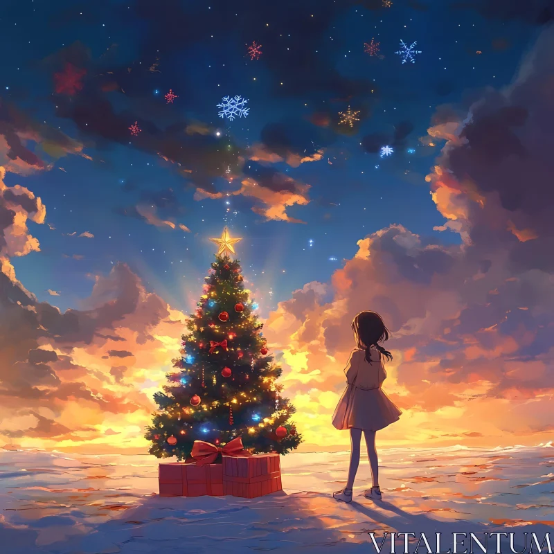 AI ART Magical Sunset with Christmas Decorations and Snowflakes