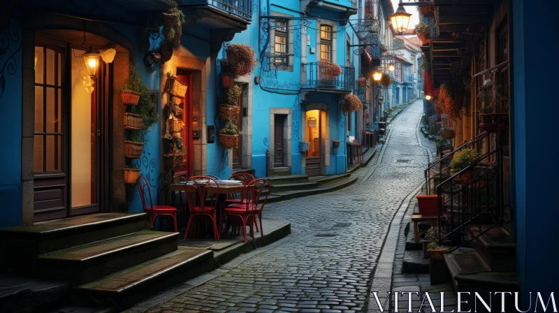 Enchanting Blue Street in a Town - Romantic Fantasy Art AI Image