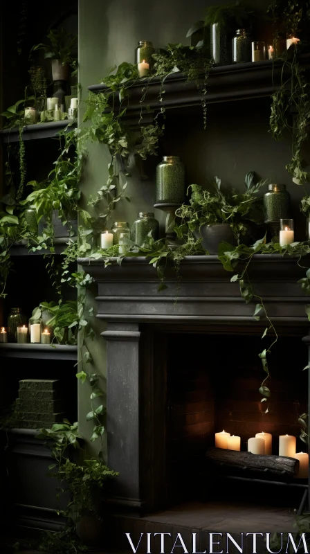 Enchanting Fireplace: Captivating Candles and Green Plants AI Image