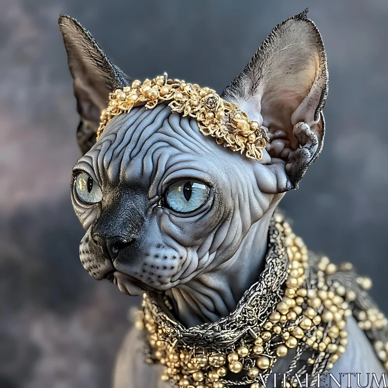 AI ART Regal Sphynx Cat with Gold Adornments