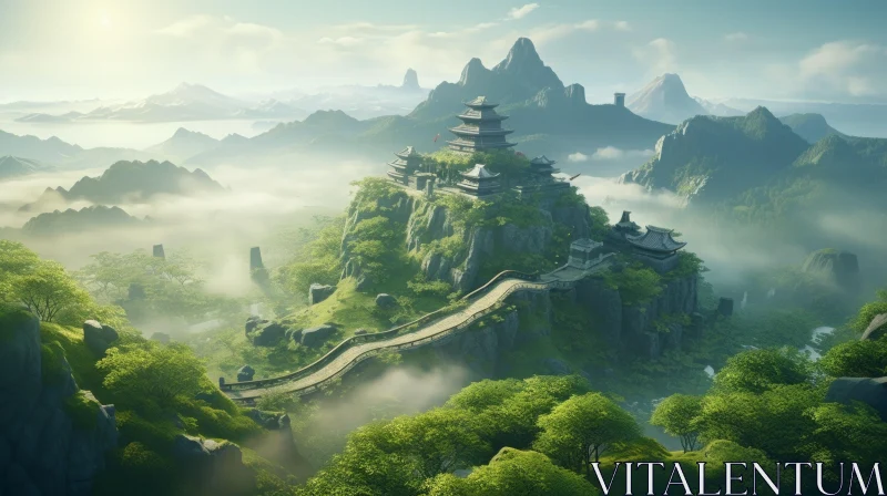 Majestic Mountain Fantasy Landscape - Tranquil Buddhist Art AI Image