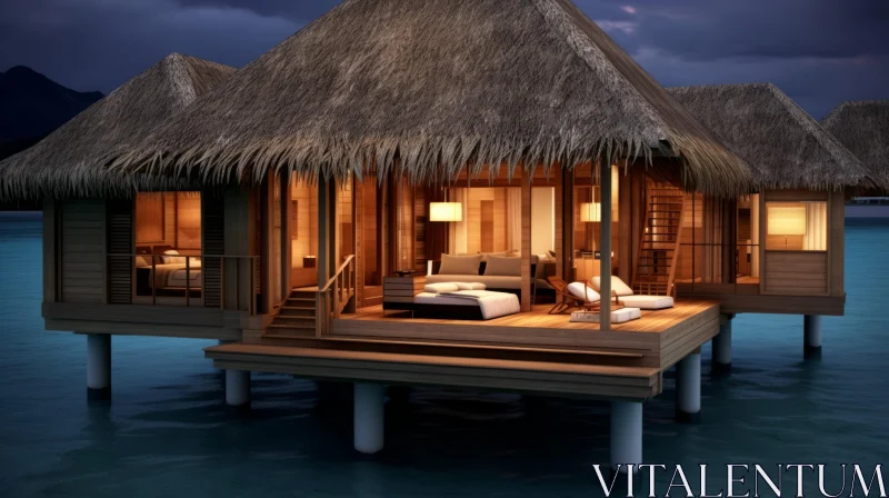 Tropical Hut by the Water at Night - Serene and Captivating Image AI Image