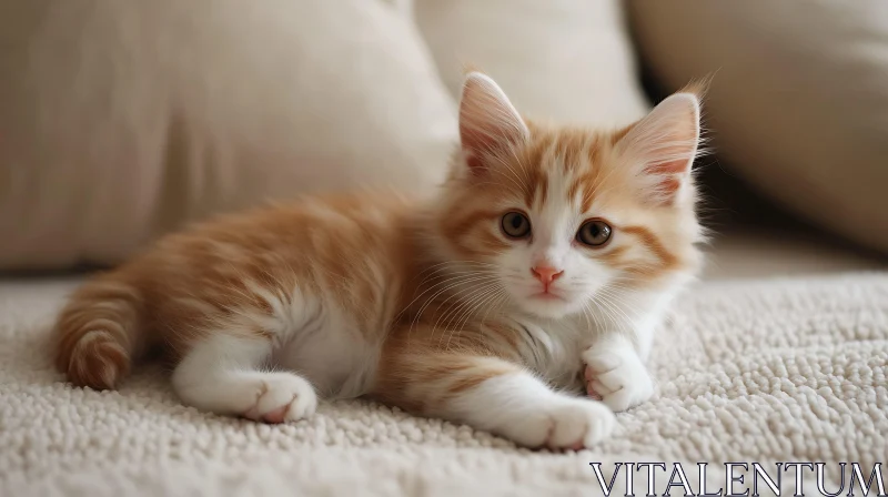 Cute Fluffy Kitten Resting on a Soft Cream Blanket AI Image