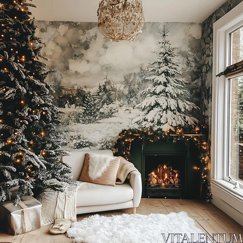 Festive Living Room Decorated for Christmas AI Image