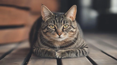 Tabby Cat Resting on Wooden Surface