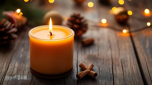 Festive Candle with Cinnamon and Pinecones