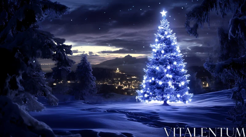 Festive Night with Illuminated Christmas Tree AI Image