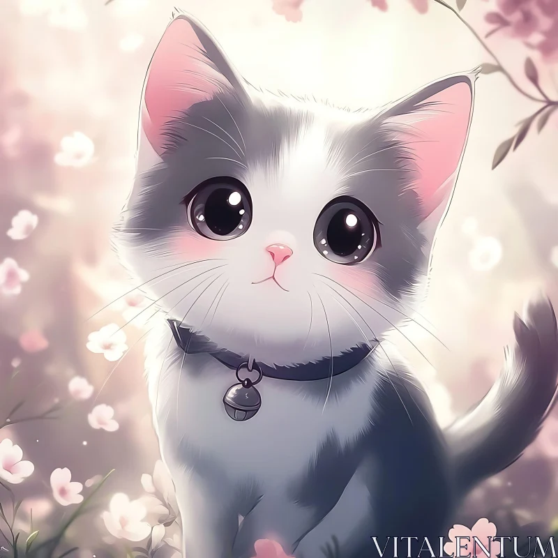 Cute Kitten Surrounded by Flowers AI Image