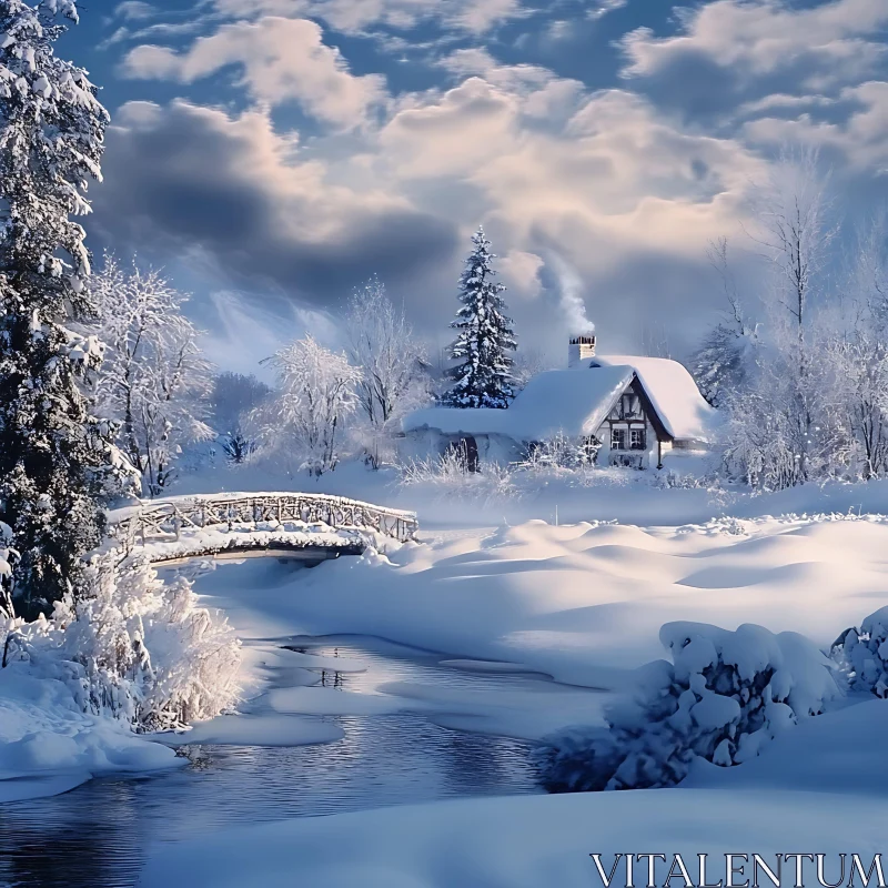 Serene Snow-Covered Cottage with Bridge AI Image