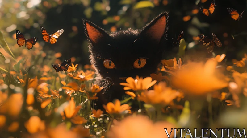 Mystical Black Cat with Butterflies and Flowers AI Image