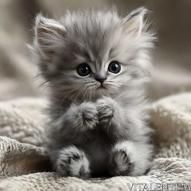 Cute Grey Kitten on a Soft Blanket AI Image