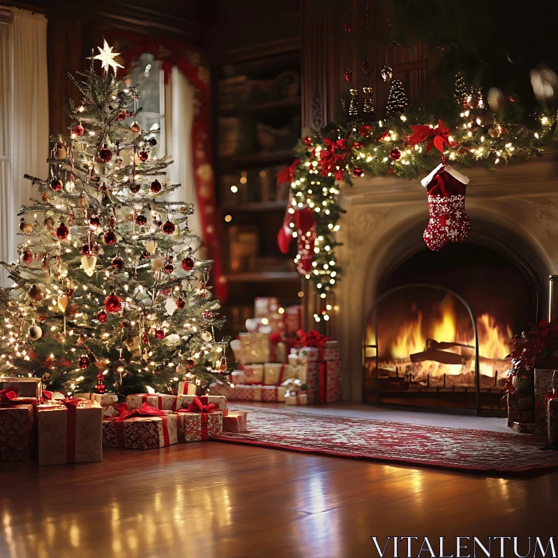 Festive Holiday Room with Christmas Tree and Gifts AI Image