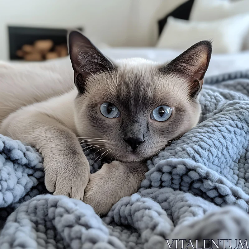 Siamese Cat Resting on Cozy Blue Blanket AI Image