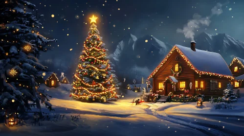 Scenic Holiday Cabin and Christmas Tree