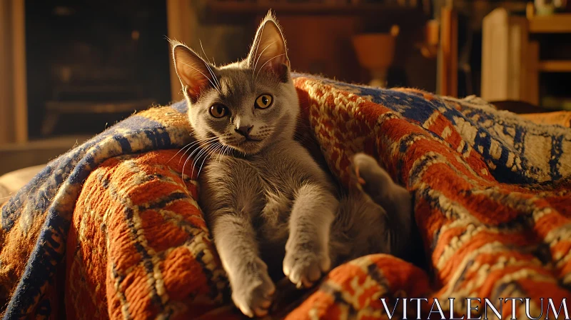 Relaxed Gray Cat in Vibrant Blanket AI Image