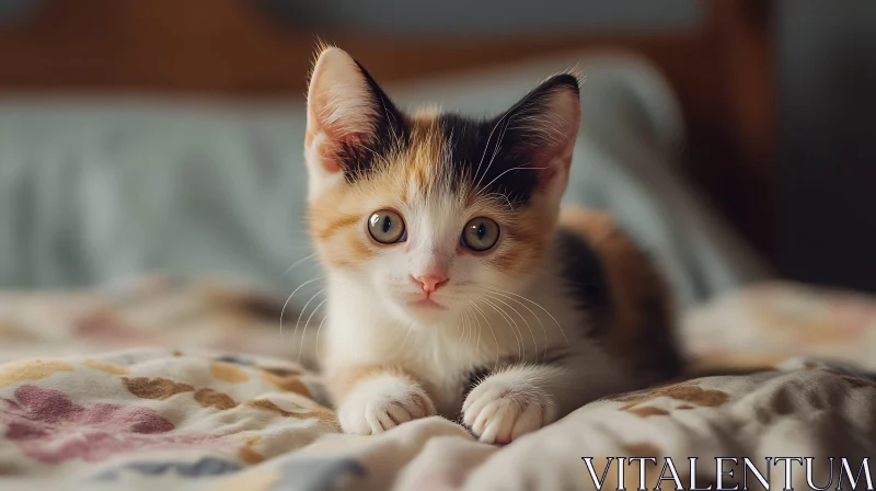 Cute Calico Kitten on a Soft Floral Blanket AI Image