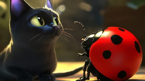 Curious Cat and Ladybug Close-Up