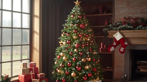 Festive Christmas Tree with Gifts and Stockings