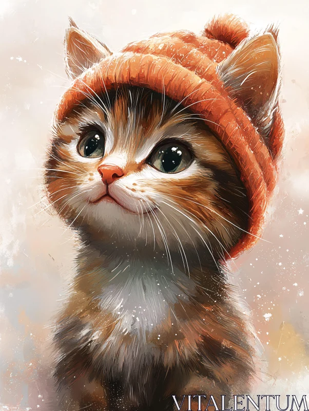 Cute Kitten Wearing a Knitted Orange Hat AI Image