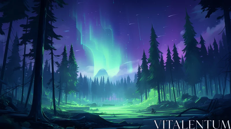 Aurora Borealis Over Forest - Mysterious Cosmic Landscape Illustration AI Image