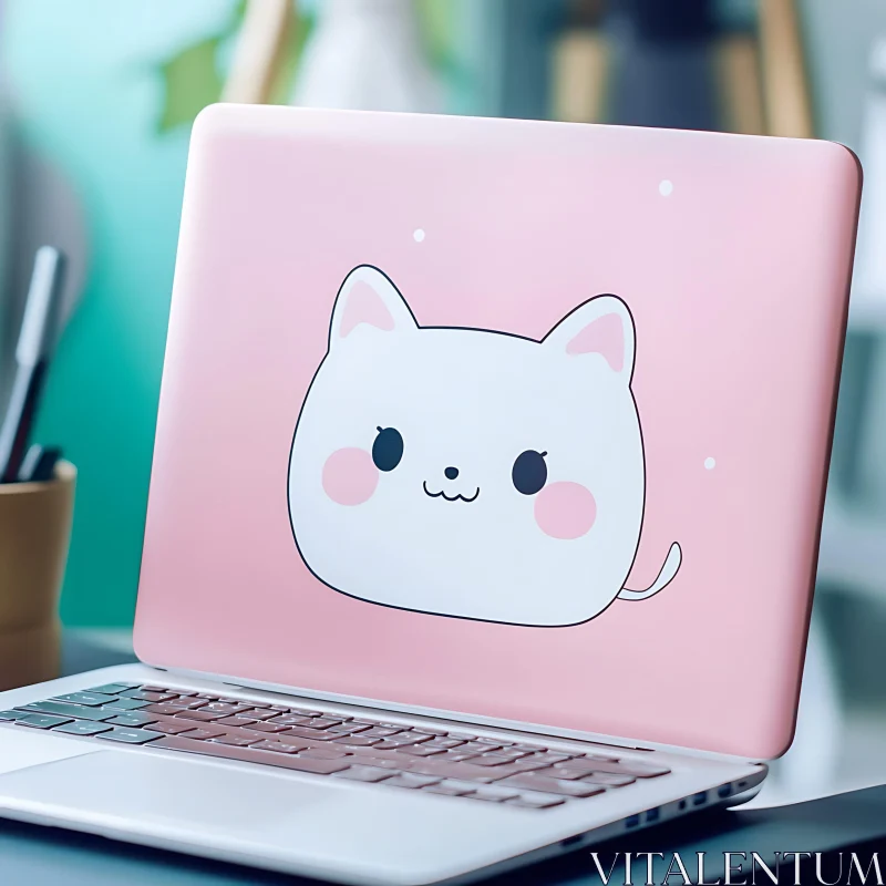 Adorable Cat Design on Pink Laptop Cover AI Image