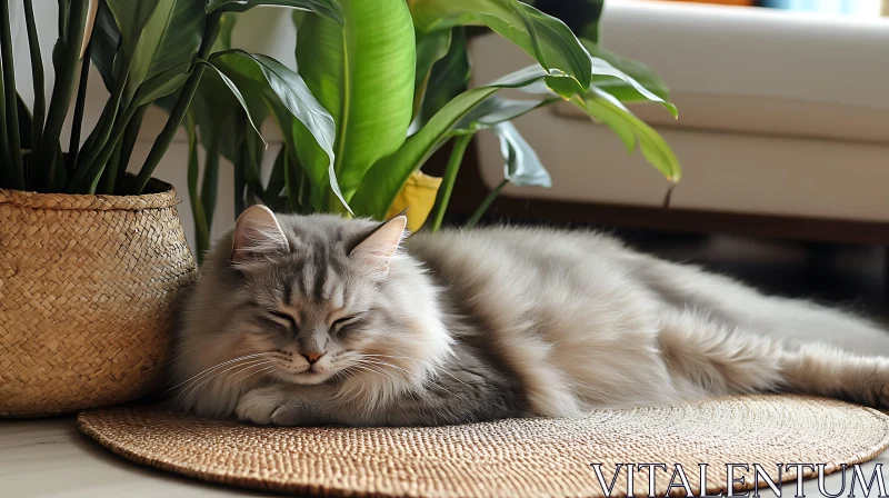 Fluffy Cat Sleeping by a Plant in a Cozy Living Room AI Image