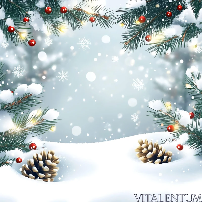 Holiday Scene with Snow, Pinecones, and Winter Greenery AI Image