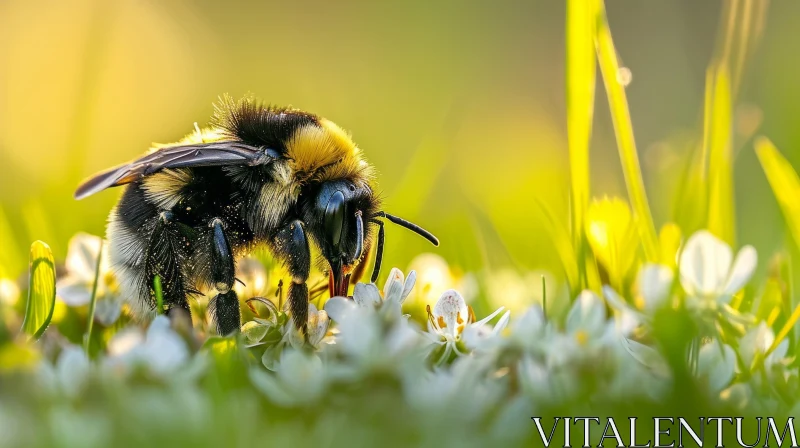 Close-up of Bee on White Clover Flower AI Image