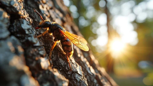 Close-up Photo of a Black and Yellow Wasp on a Tree Trunk