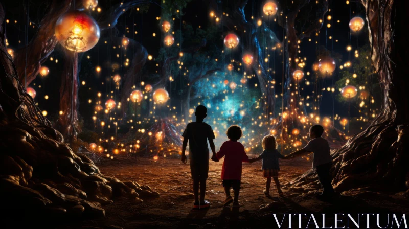 Enchanted Forest: Children and Lanterns in a Dreamlike Rendering AI Image
