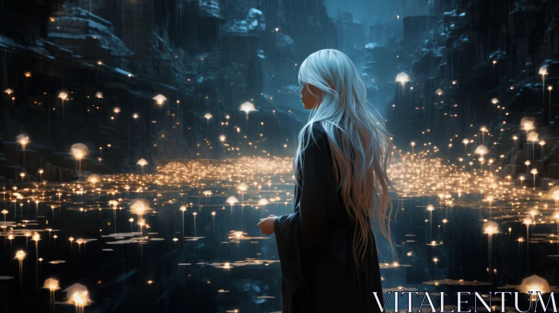 Enchanting Futuristic Cityscape with a Mysterious Woman AI Image