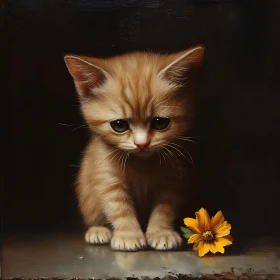 Sad Ginger Kitten and Yellow Flower