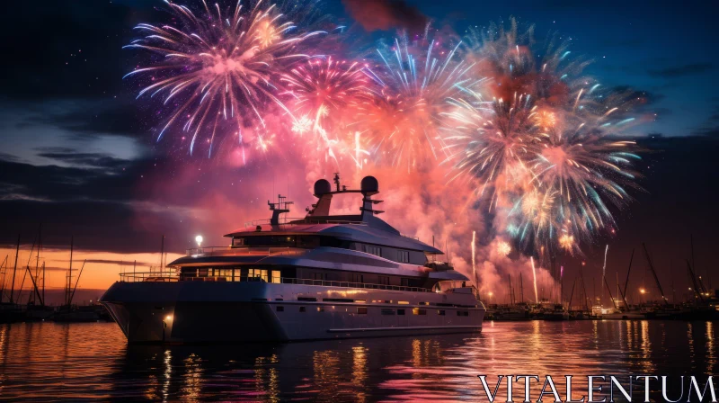 Luxurious Yacht Illuminated by Fireworks in Harbor AI Image