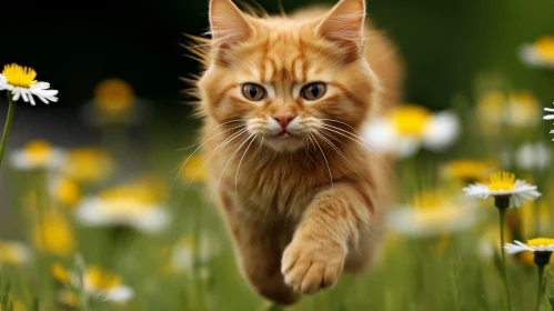 Orange Cat Running in Field of Daisies