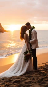 Passionate Beach Wedding Kiss at Sunset - Bride and Groom in Hawaii