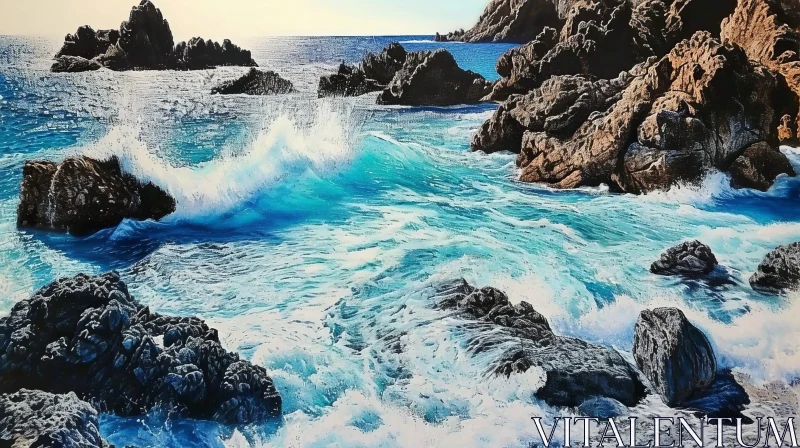 Powerful Seascape: Waves Crashing Against Rocks AI Image