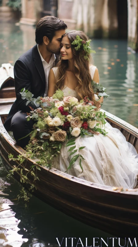 Romantic Wedding Scene on a Boat with Floral Motifs AI Image